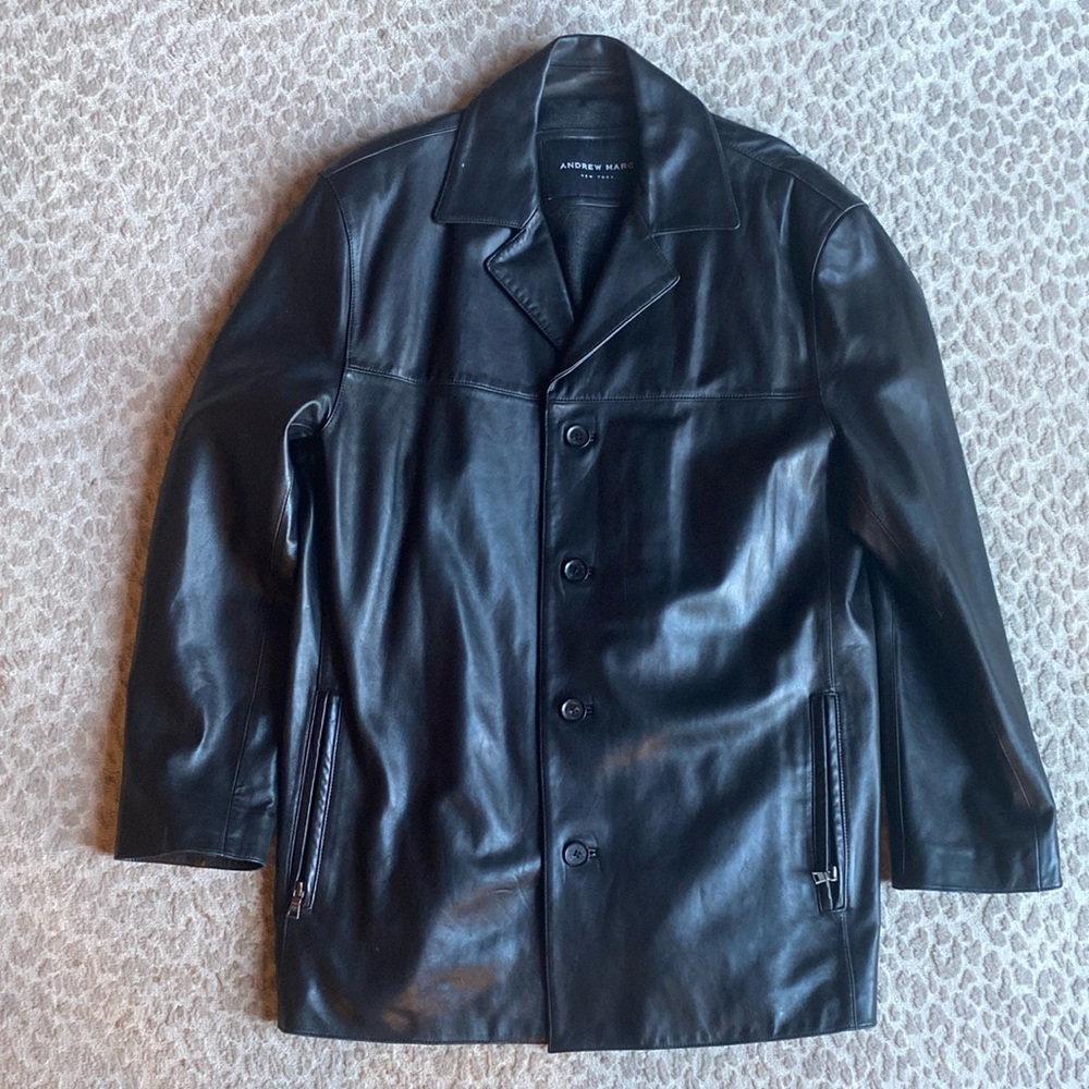 Andrew Marc Menâs Black Leather Coat, size L